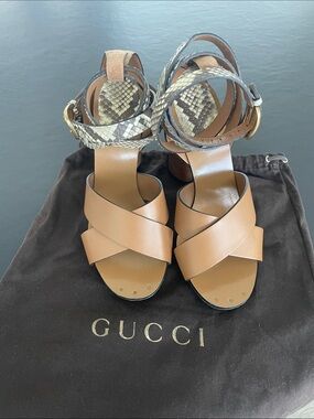 Gucci Tan Leather Crisscross Sandals with Snake-Print Ankle Wrap and Gold Buckle